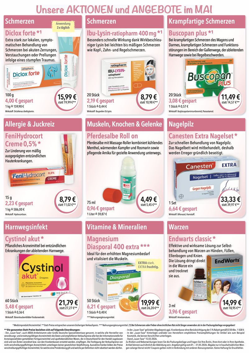 Monatlicher Angebotsflyer der Apotheke im Chinon Center mit Informationen zu Öffnungszeiten, Leistungen, Aktionen und wechselnden Produktangeboten aus Bereichen wie Gesundheit, Pflege und Selbstmedikation.